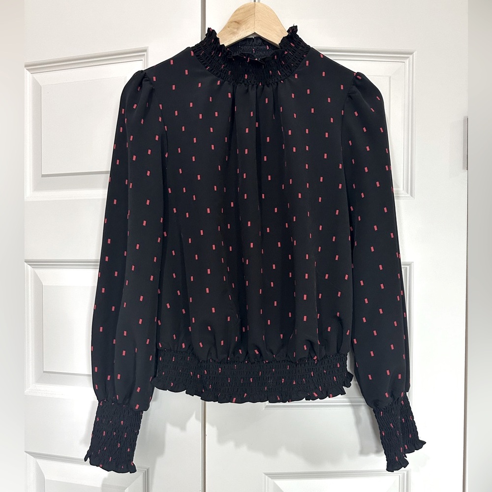 Women’s Sanctuary blouse, size small. Black with red rectangle pattern.